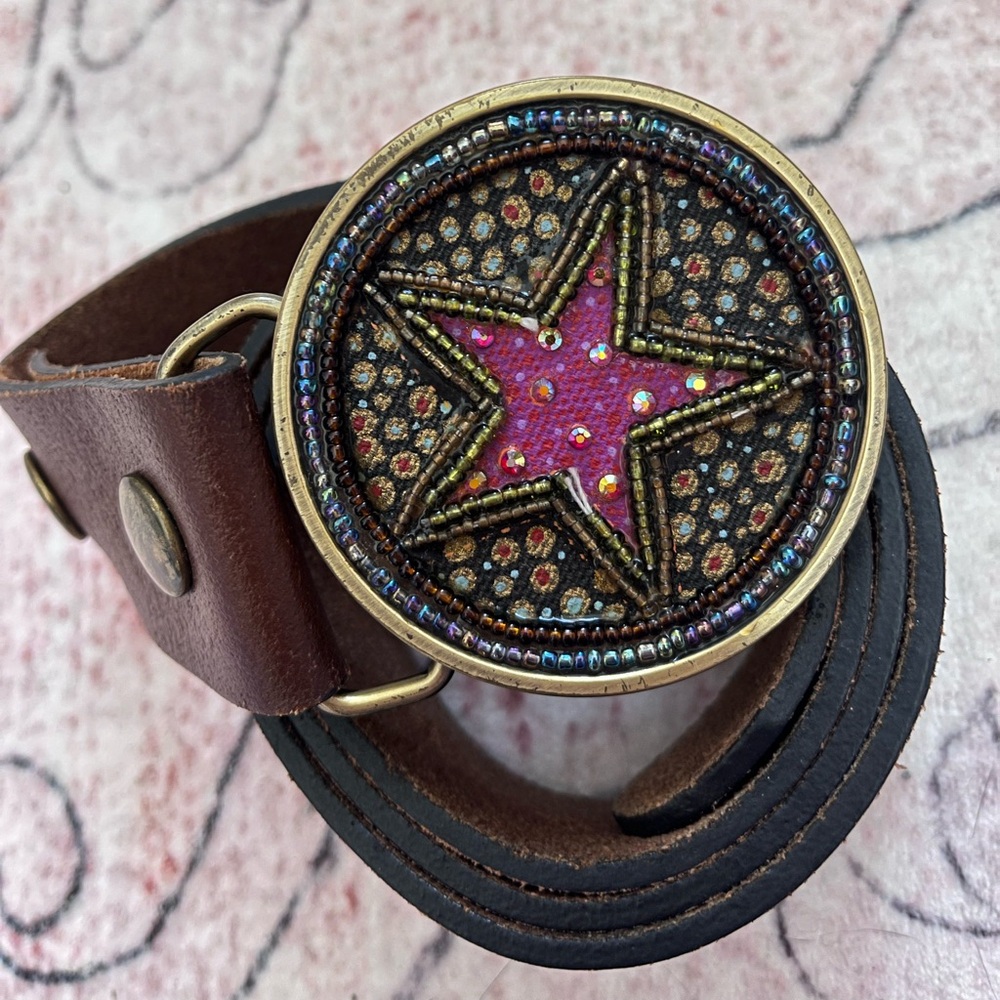 Natural Life Star Buckle Vegan Leather Boho Belt EUC M/L